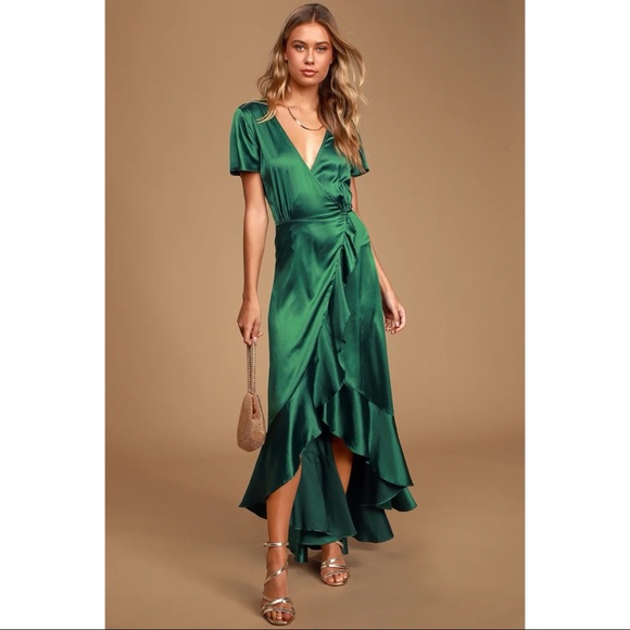NWOT Lulus Love Of Your Life Dark Green Satin Ruffled Wrap Maxi Dress XLarge - Picture 3 of 9